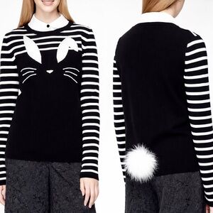 NWT Kate Spade Black White Striped Bunny Wool Blend Sweater PomPom Bunny Tail M